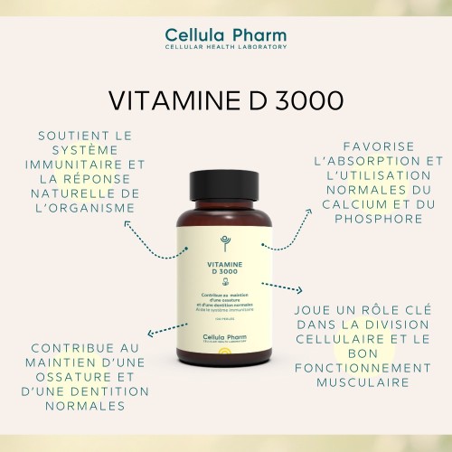 Vitamine D 3000 – Maintien de la santé osseuse et soutien immunitaire | Cellula Pharm - Bienfaits
