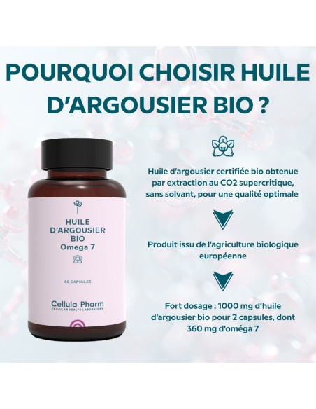 HUILE D'ARGOUSIER BIO - OMEGA 7 Cellula Pharm - Lutte contra la sècheresse des muqueuses - Points fort