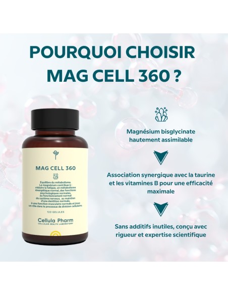 Mag Cell 360 – Magnésium bisglycinate, taurine et vitamines B pour réduire fatigue et stress | Cellula Pharm - Points fort