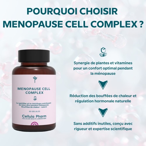 Ménopause Cell Complex – Réduction des bouffées de chaleur et sueurs nocturnes | Cellula Pharm - Points fort
