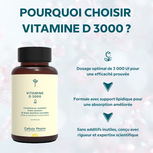 Vitamine D 3000 – Maintien de la santé osseuse et soutien immunitaire | Cellula Pharm - Points fort