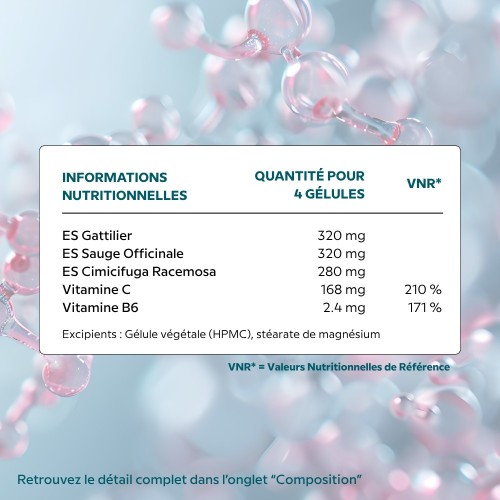 Ménopause Cell Complex – Réduction des bouffées de chaleur et sueurs nocturnes | Cellula Pharm - Tableau d'ingrédients