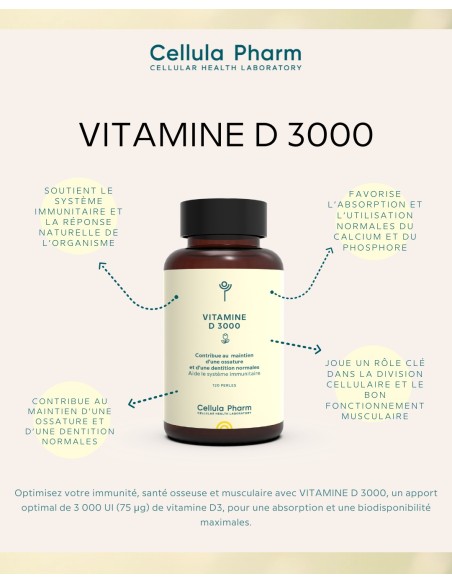 Vitamin D3 3000 IU - 120 pearls - Stimulates the immune system | Laboratoire Cellula Pharm